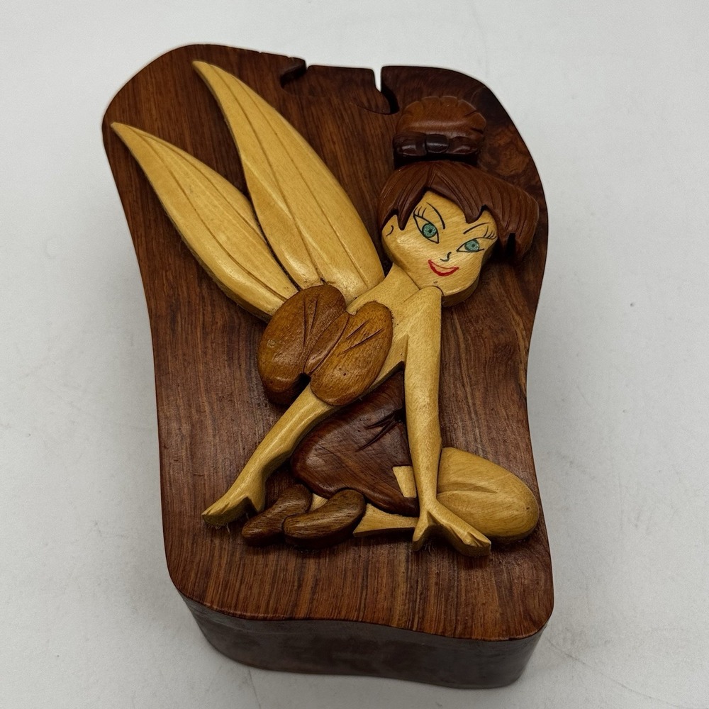 Wooden Tinkerbell Fairy Puzzle Box Hidden Compartment Trinket Jewelry
